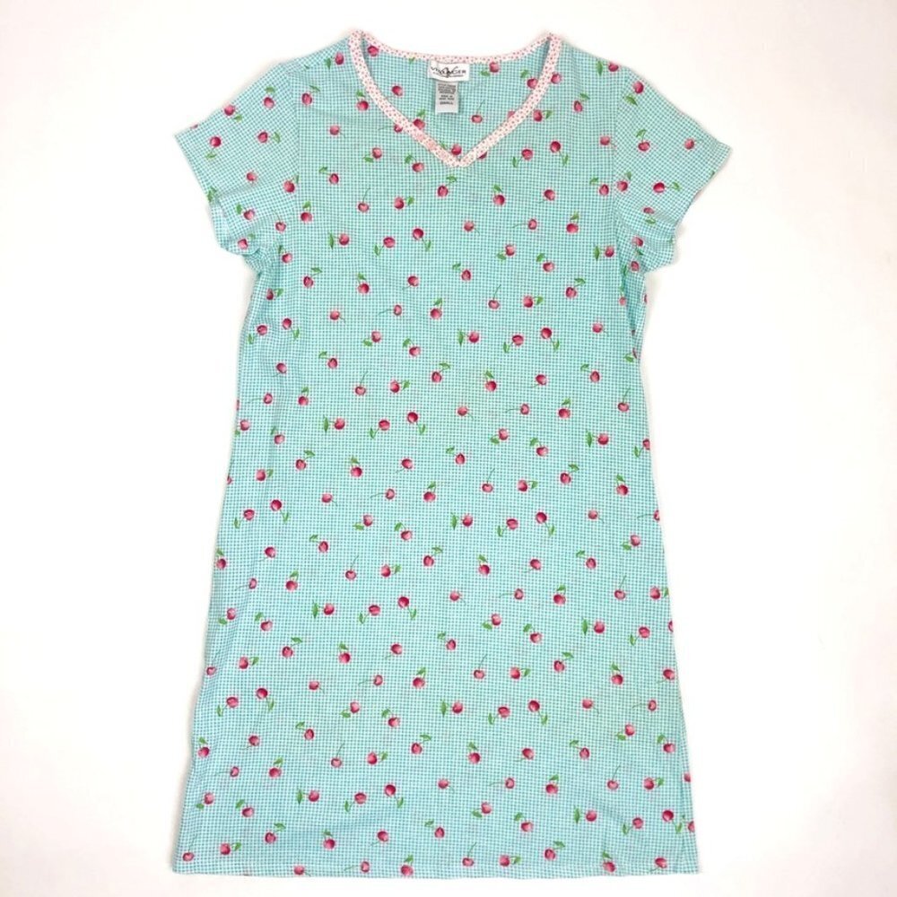 Vintage Liz Claiborne Villager Nightgown Size S Blue White Gingham Cherry Print